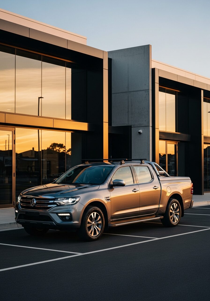 A modern dual-cab work ute outside a contemporary building at golden hour