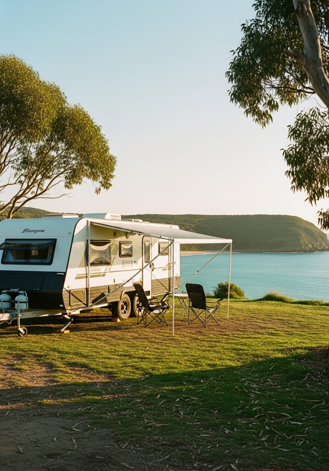 Caravan set up beside the ocean on the Australian coast at golden hour